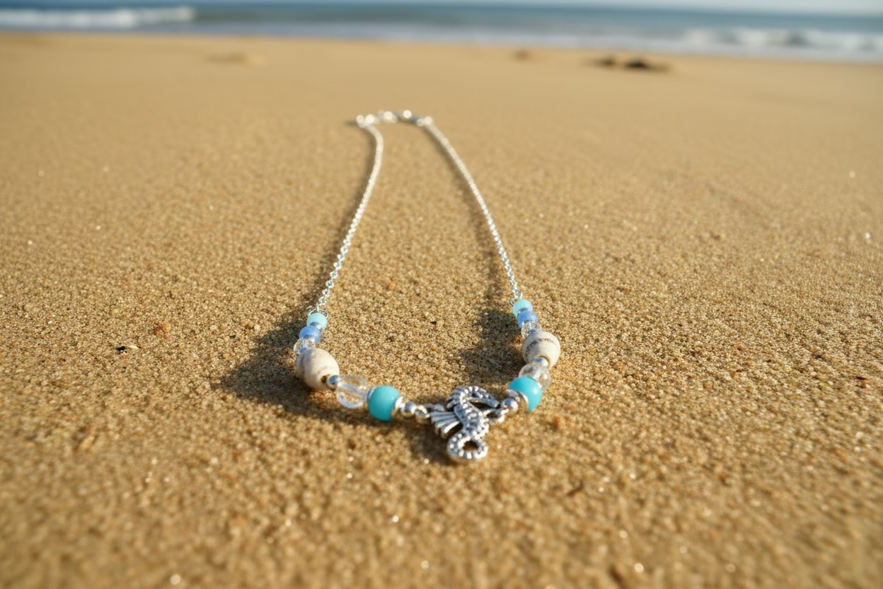 Seahorse pendant Necklace with blue beads and silver chain on a brown textured background