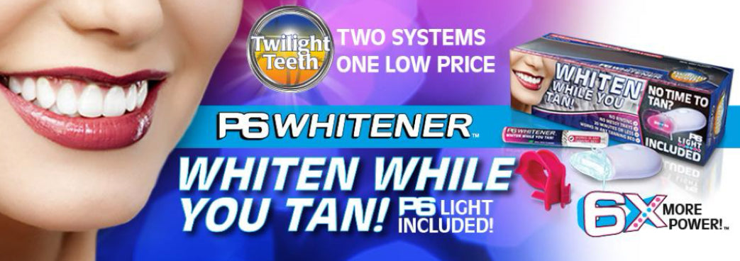 Advertisement for Twilight Teeth Whitening System with a woman's smile and product packaging.