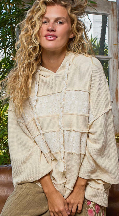 Cream lace & knit hoodie front