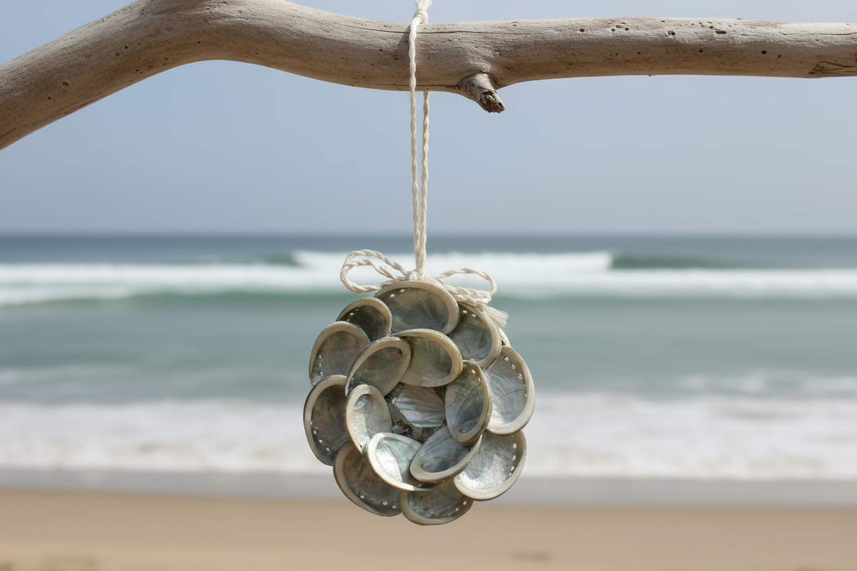 Abalone wreath hanging on branch with Ocean in background. Found in Berlin Maryland just minutes from Ocean City 