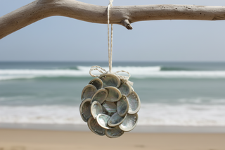Abalone wreath hanging on branch with Ocean in background. Found in Berlin Maryland just minutes from Ocean City 