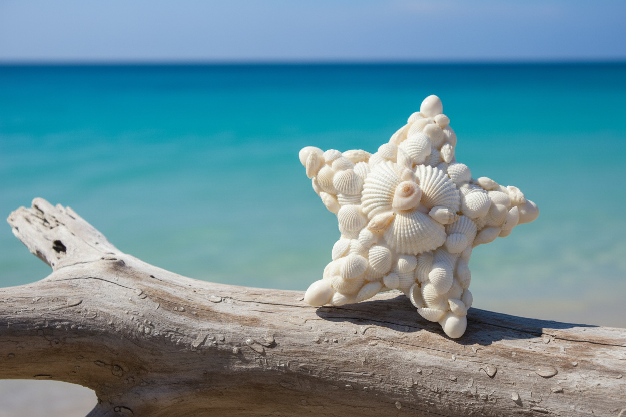 Shell star ornament displayed on a piece of wood on beach with ocean background 