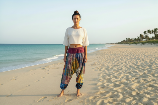 Woman standing on a sandy beach wearing a white top and colorful patchwork baggy harem pants.
