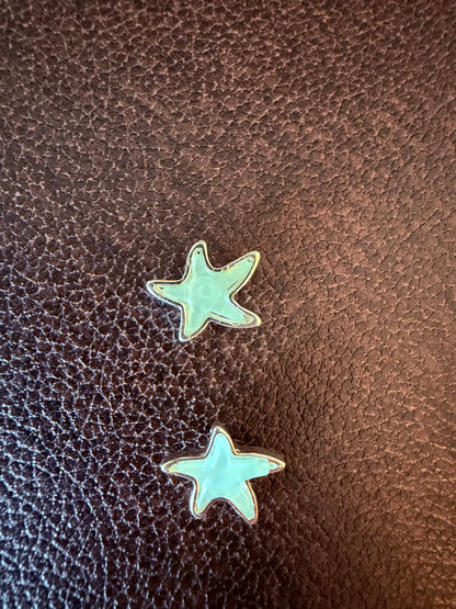 Two turquoise star-shaped earrings on a brown leather surface