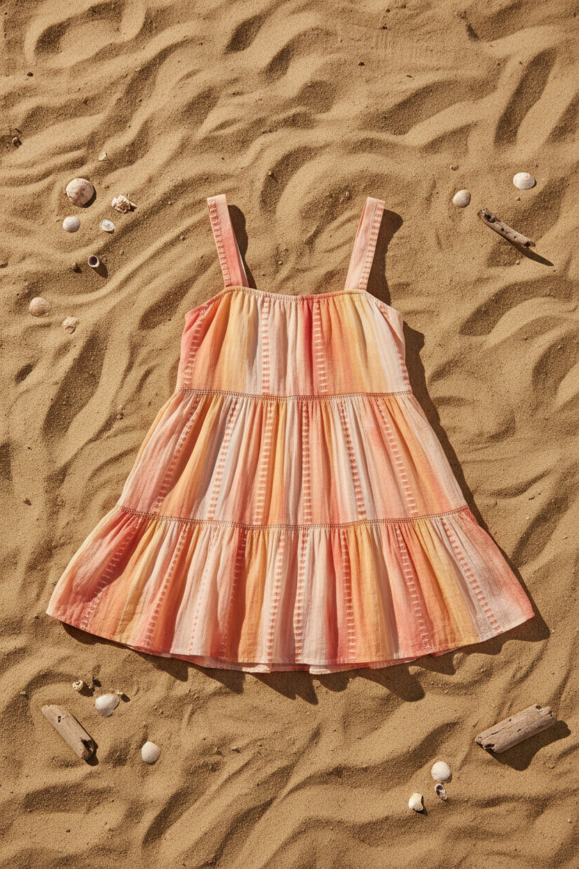 Coral colored striped short summer dress on sandy background 