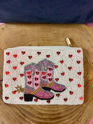 Pink Cowgirl Boots Beaded Coin Purse