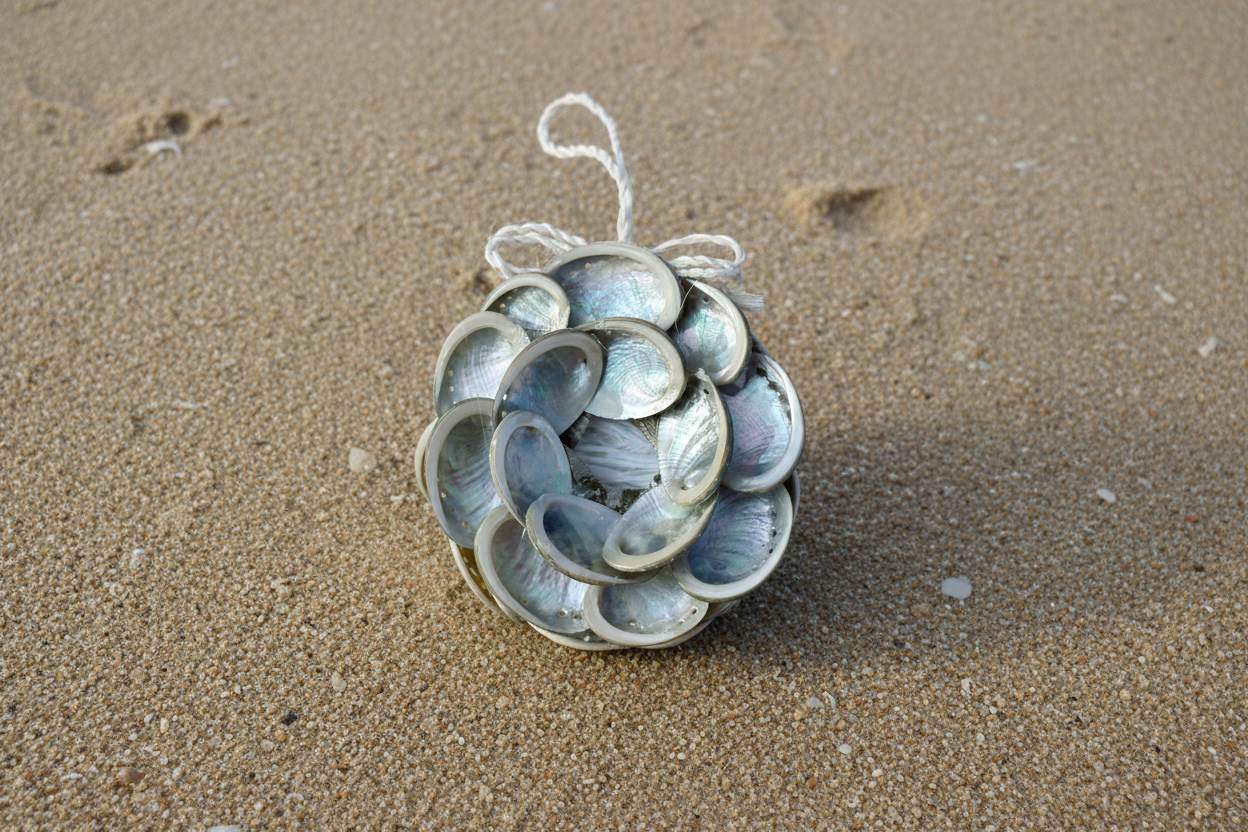 Abalone shell wreath on sand background 