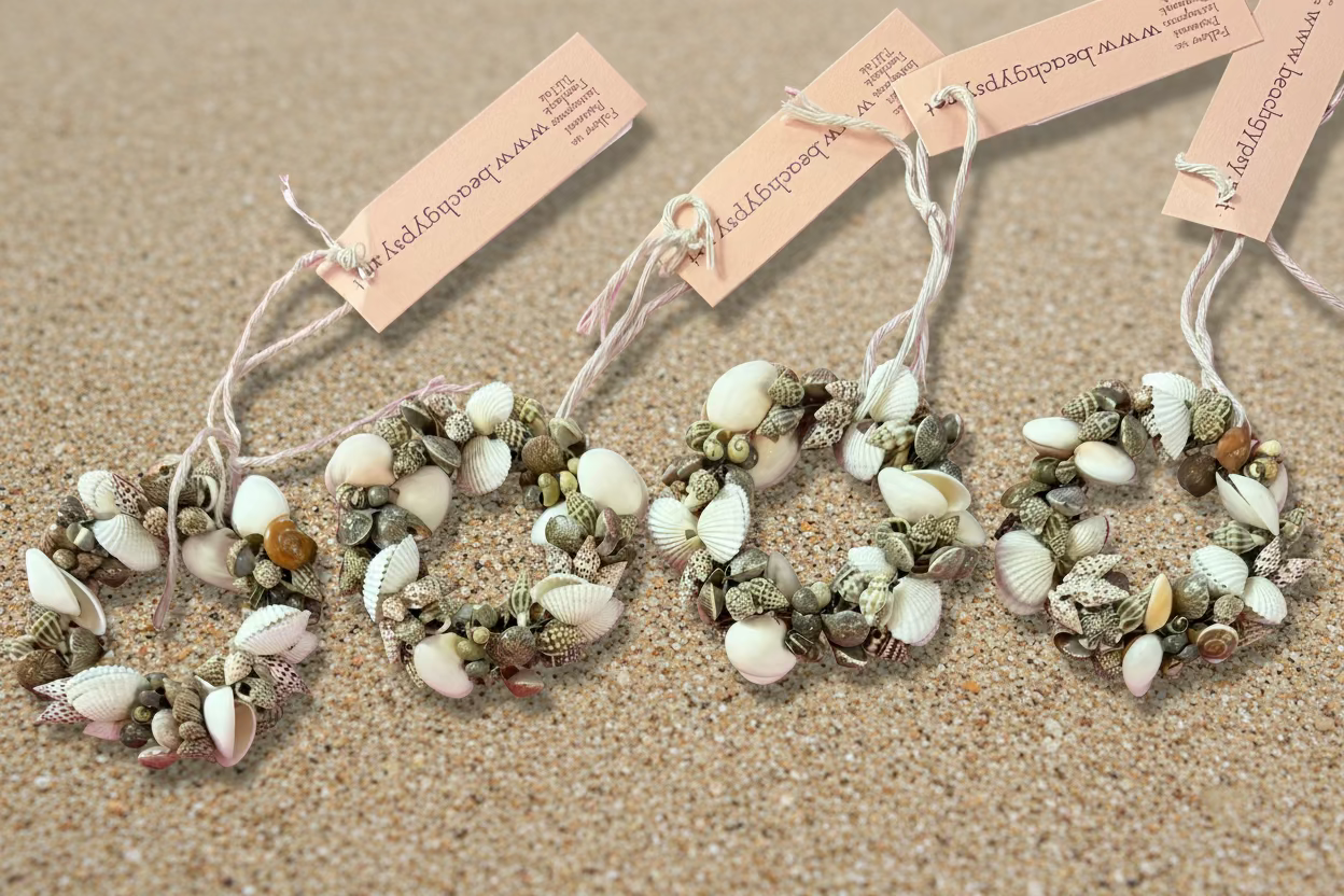 Small decorative wreaths with seashells on sand