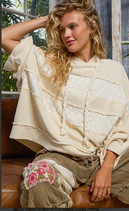 Cream lace & knit hoodie 