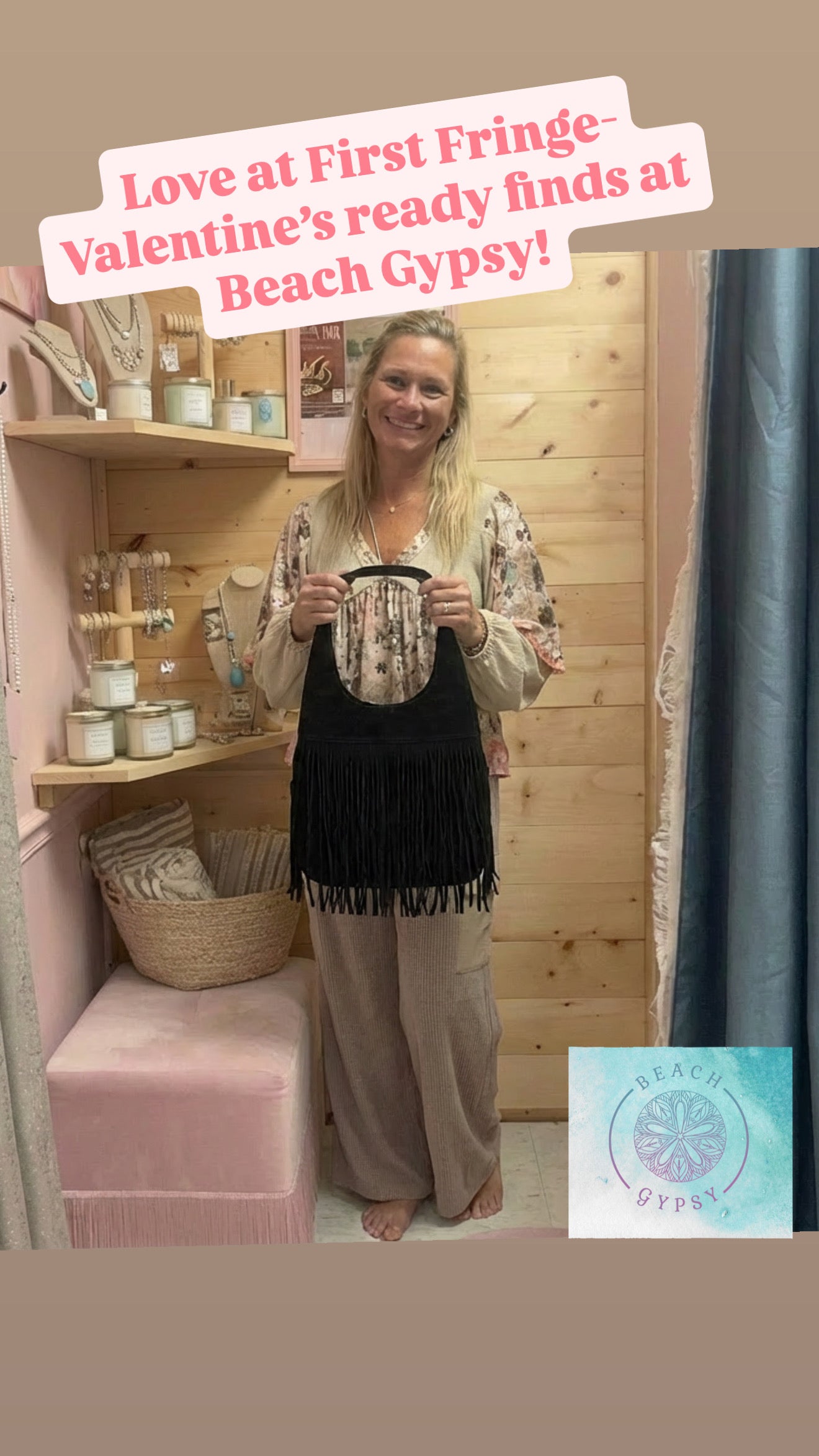 Woman holding a product with text overlay in a store setting