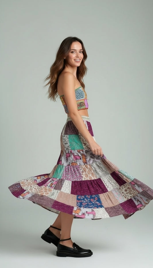 Long Cotton Patchwork Skirt