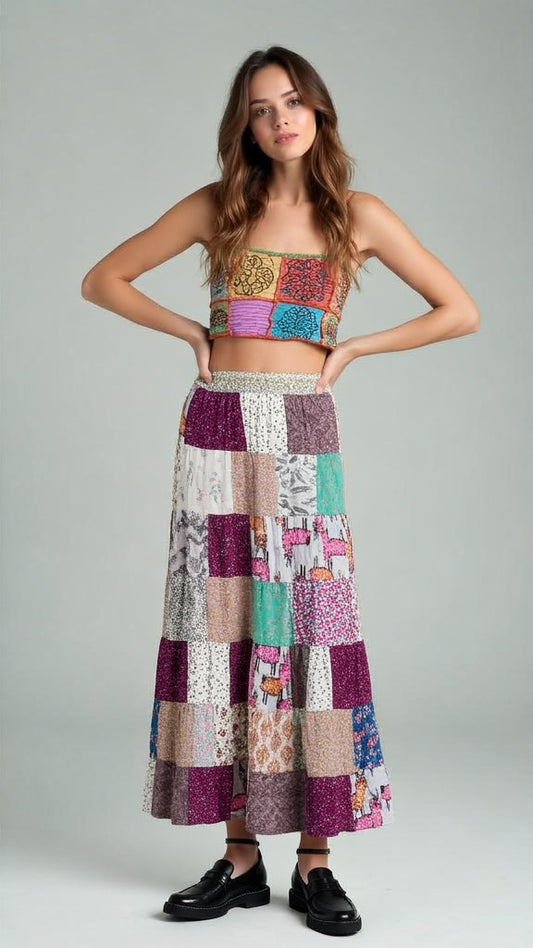 Long Cotton Patchwork Skirt