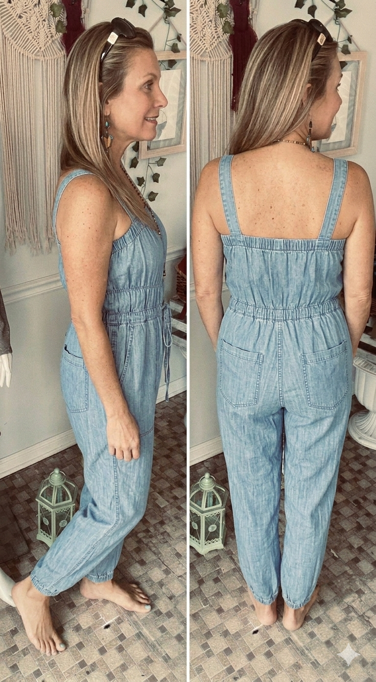 Front and side views of light denim jumpsuit in Beach Gypsy boutique in Berlin, MD just minutes from Ocean City
