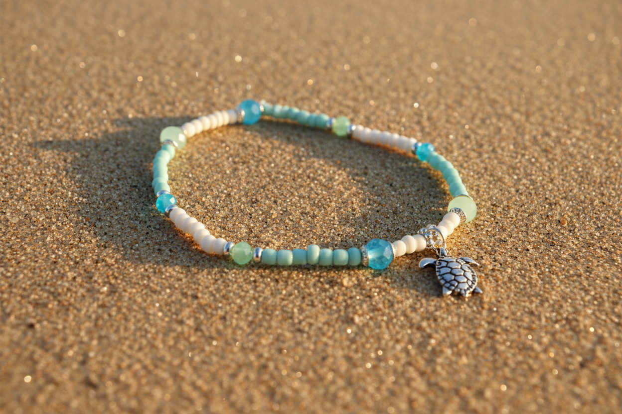 Beaded bracelet with a turtle charm on sand
