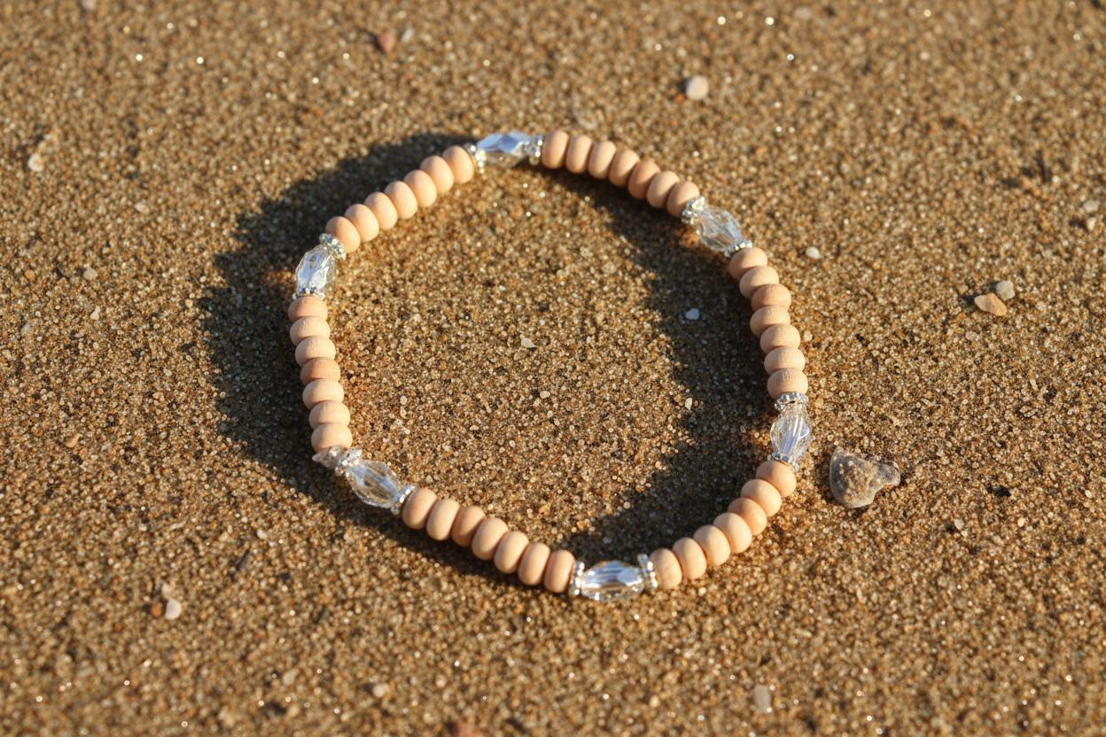 Wood and silver bead stretch bracelet in sand beach in Berlin, MD near Ocean City 