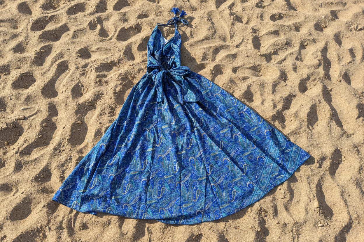 Back detail of Blue paisley silk dress on sand