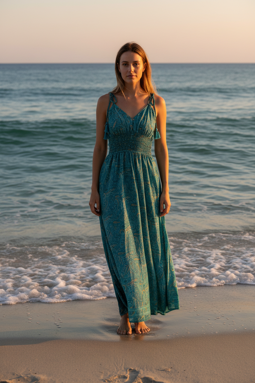 Teal paisley patterned silk dress on a woman standing on beach