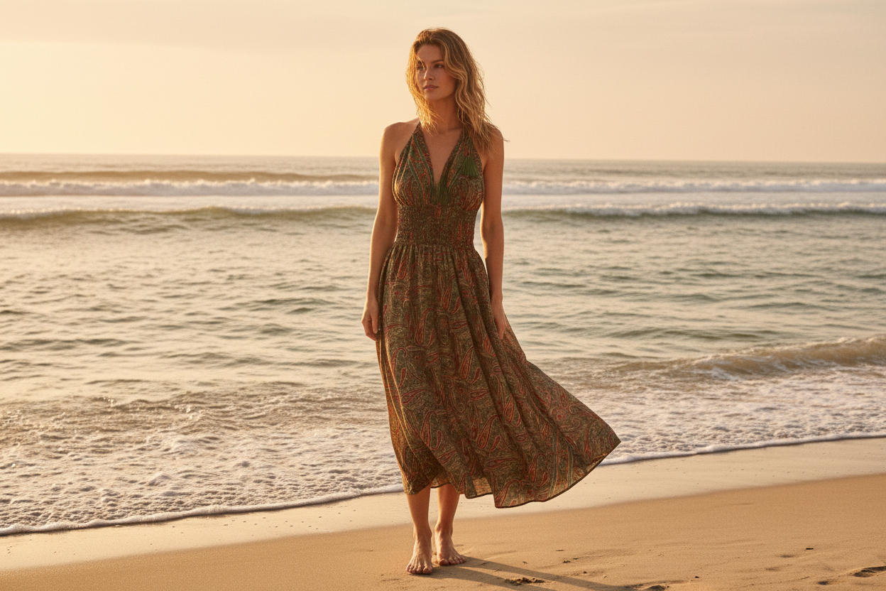 Green paisley dress on a woman standing at beach shoreline
