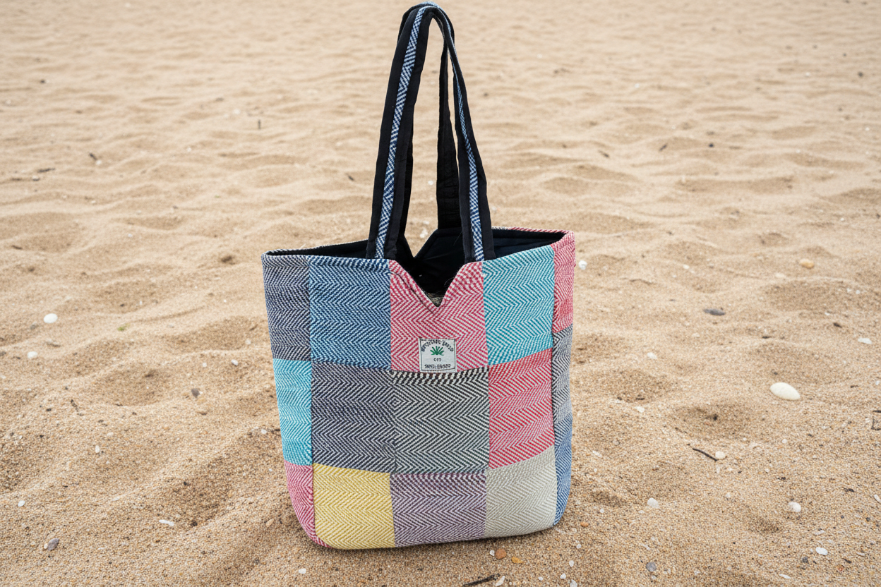 Natural hemp tote bag with zipper on sand