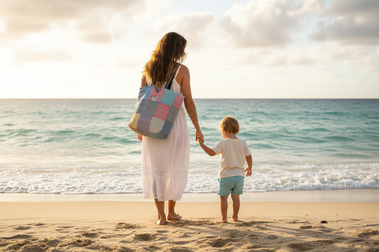 Natural hemp tote bag with zipper closure over the shoulder of a woman holding hand of young child on shoreline of beach