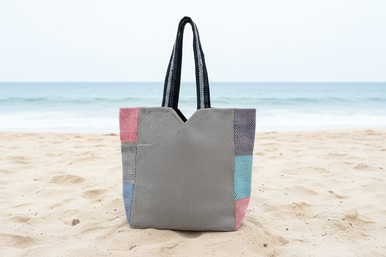Natural hemp bags with colorful patterns on sand