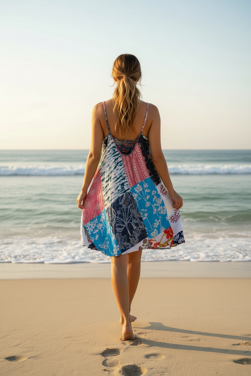Girl walking on beach with her back showing wearing a patchwork dress