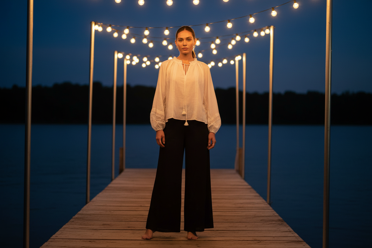 Ivory colored flowy top with billowing long sleeves on a wiman standing in a dock. 