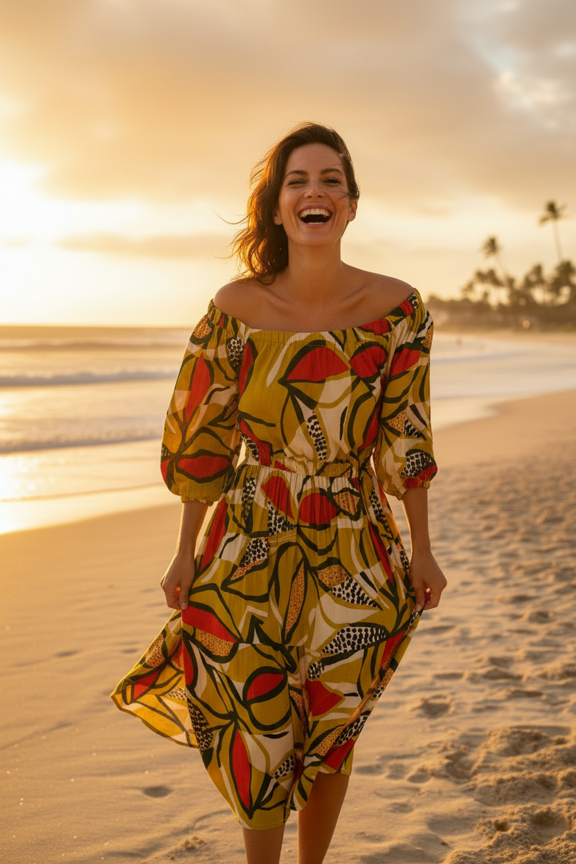 Woman in Avocado Toast dress laughing in beach