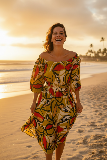 Woman in Avocado Toast dress laughing in beach