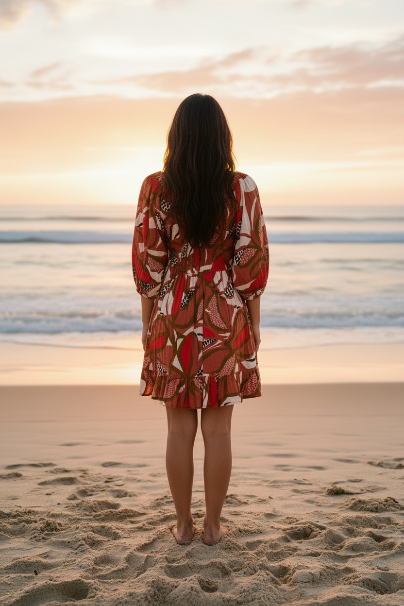 Back view of Dragonfruit Peasant Dress on woman with back facing the viewer