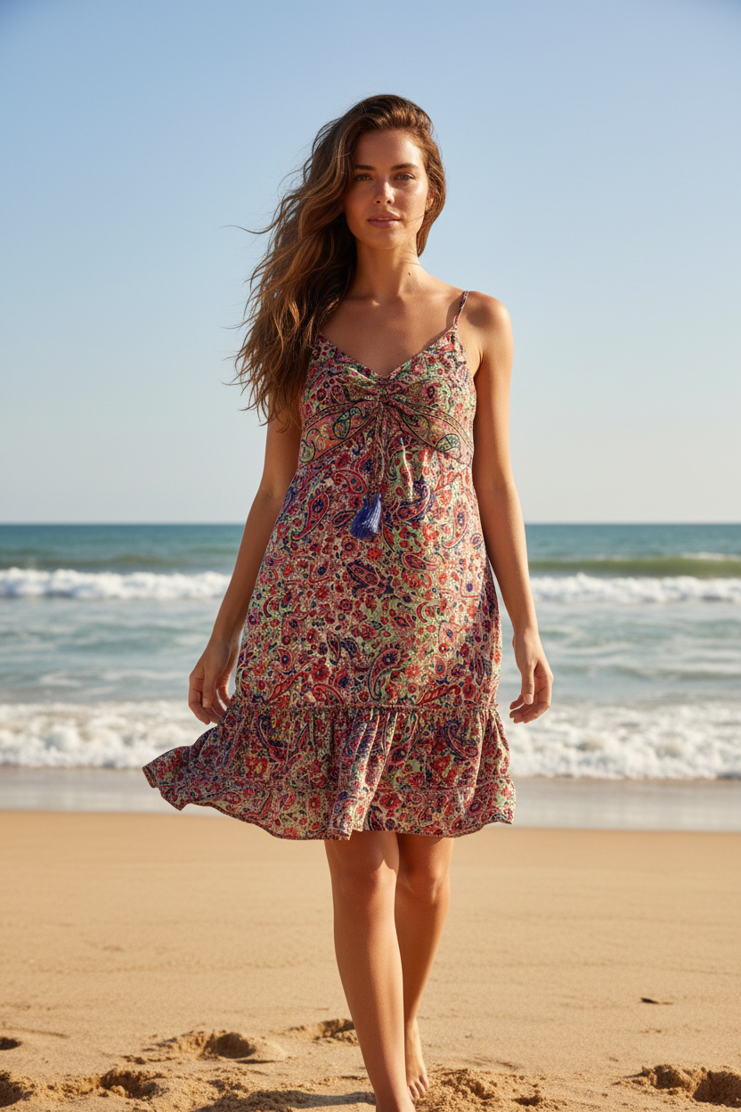 woman on beach wearing paisley printed mini dress
