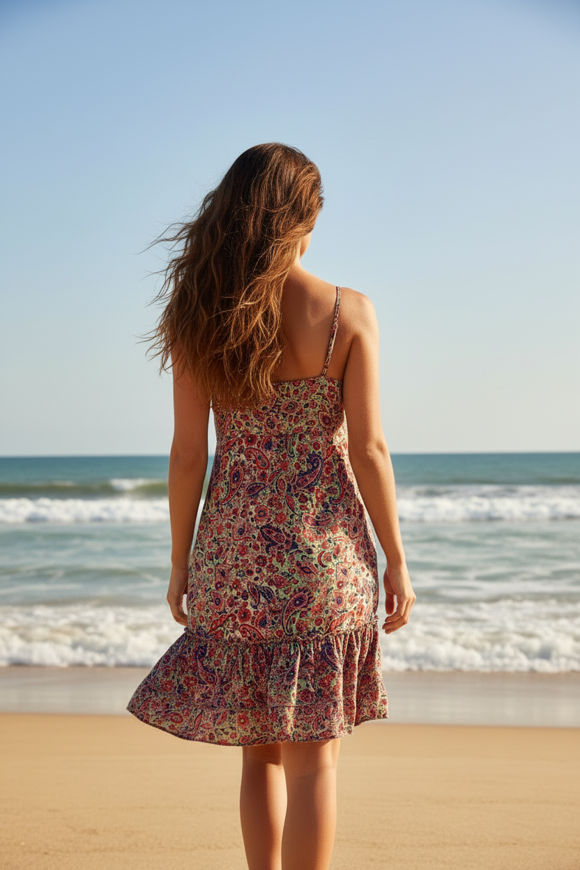 back view of paisley mini dress on model standing on beach