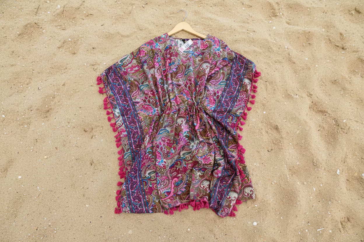 Colorful patterned poncho with tassels on a wooden surface