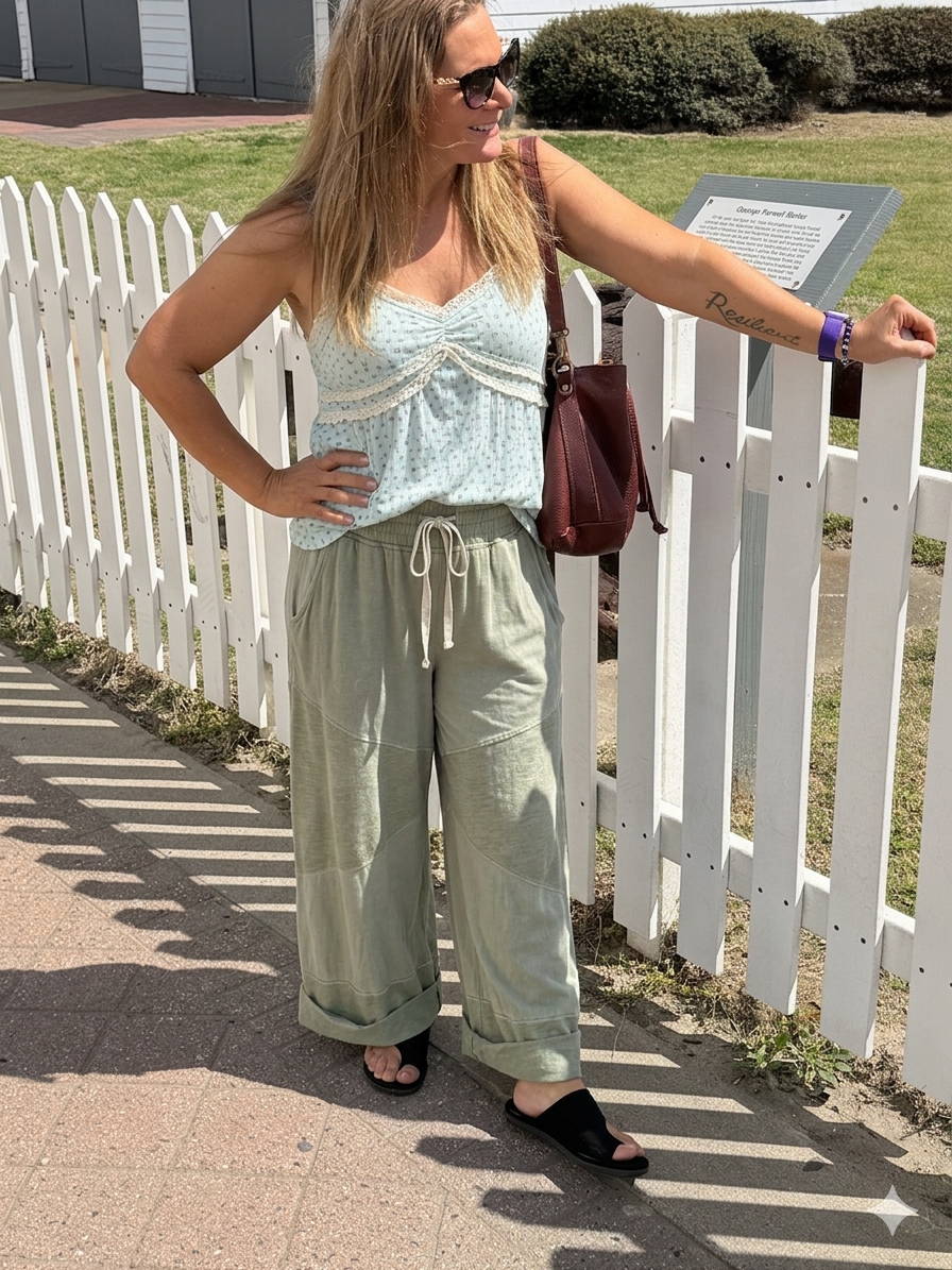 Woman standing by a white picket fence wearing a light blue top and green contrast culotte pants