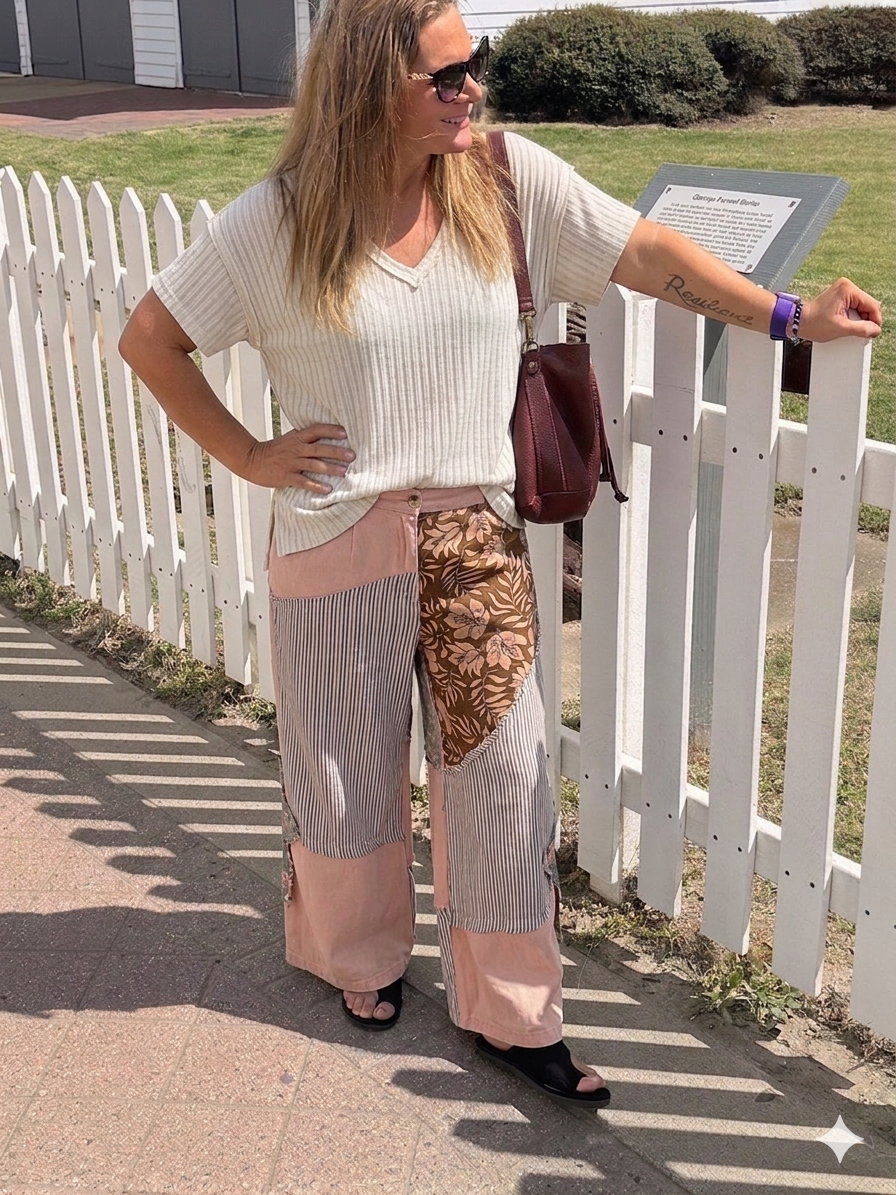 Woman standing by a white picket fence, wearing a white top and patterned pants.