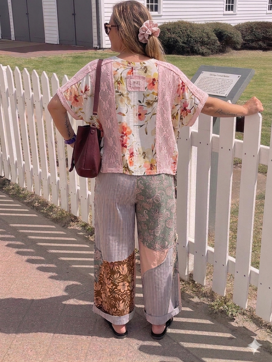 Woman in floral top and patchwork pants standing near a white picket fence.