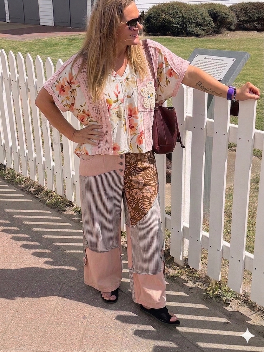Woman standing outdoors near a white picket fence, wearing a floral blouse and patterned pants.