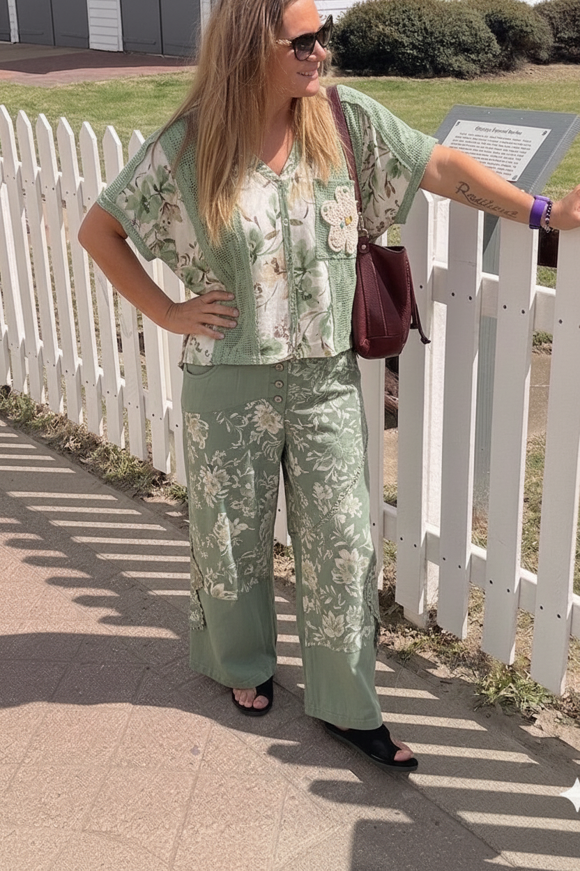 Woman in a floral outfit standing next to a white picket fence.