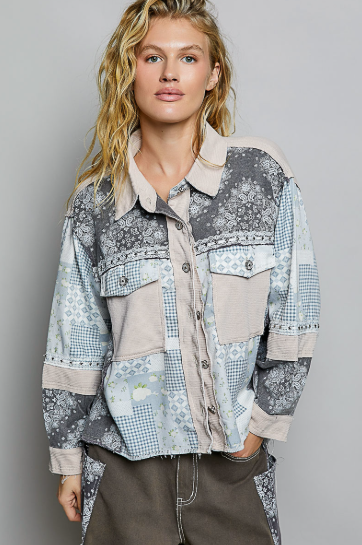 Patchwork Button-Down Shirt Jacket, Blue Multi