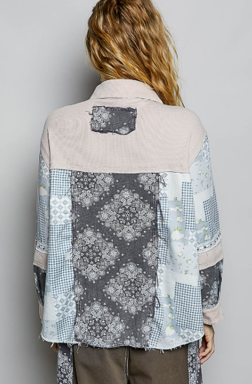 Patchwork Button-Down Shirt Jacket, Blue Multi Back View