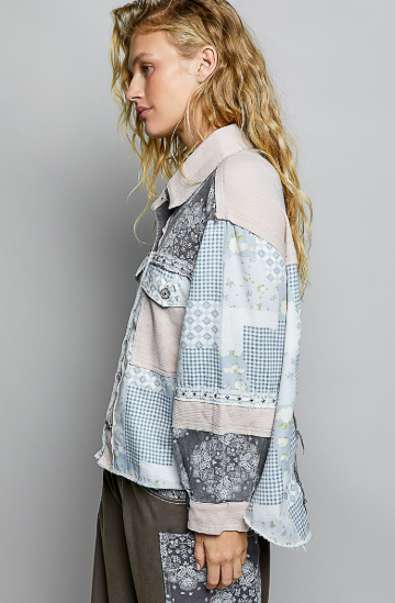 Woman wearing a Patchwork Button-Down Shirt Jacket, Blue Multi Side View
