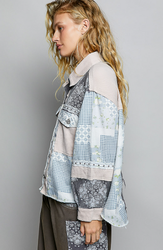 Woman wearing a Patchwork Button-Down Shirt Jacket, Blue Multi Side View