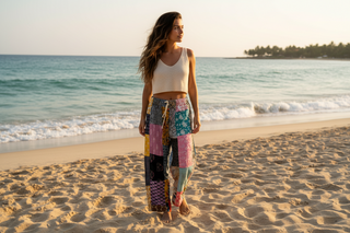 Woman wearing patch pants standing on a beach