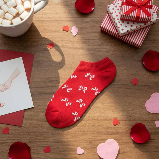 Red ankle sock with white patterns on a wooden surface with heart-shaped confetti and a mug of hot chocolate.