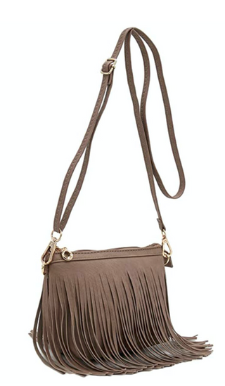 taupe fringe crossbody clutch purse