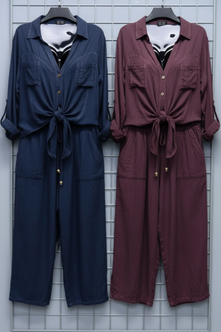 Reagan cropped pants and matching button down top in navy and raisin color