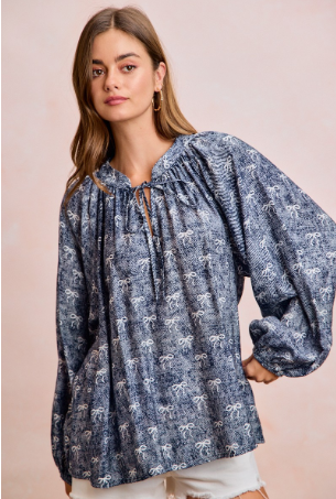 Ribbon Bow Print Balloon Sleeve Peasant Top, Navy