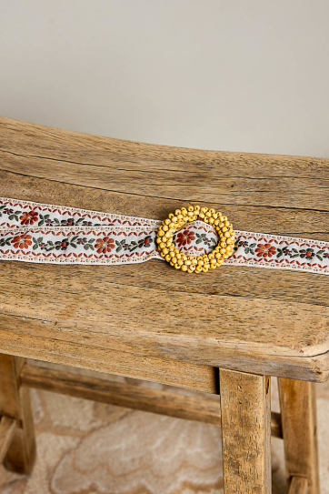 Floral Tapestry Belt with Bead Buckle, Cream Multi