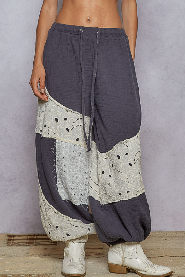 Eyelet Patchwork Gauze Jogger Pants, Navy Charcoal