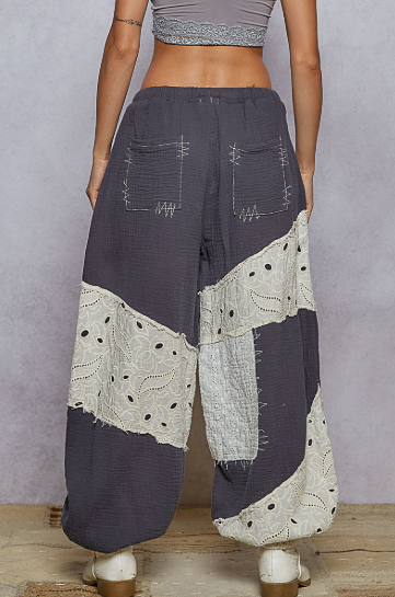 Eyelet Patchwork Gauze Jogger Pants, Navy Charcoal